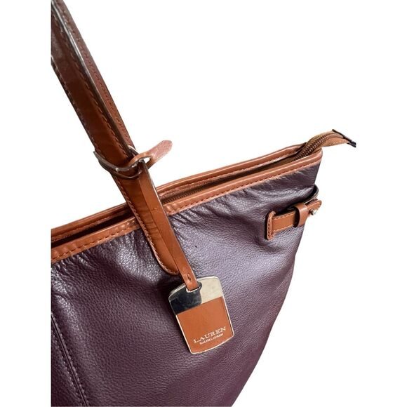 Lauren Ralph Lauren plum purple Leather & Brown Trim Tote Handbag carry all - Picture 5 of 10
